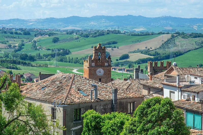View of the landscape from the medieval Gradara castle, Marche region, Italy, Europe