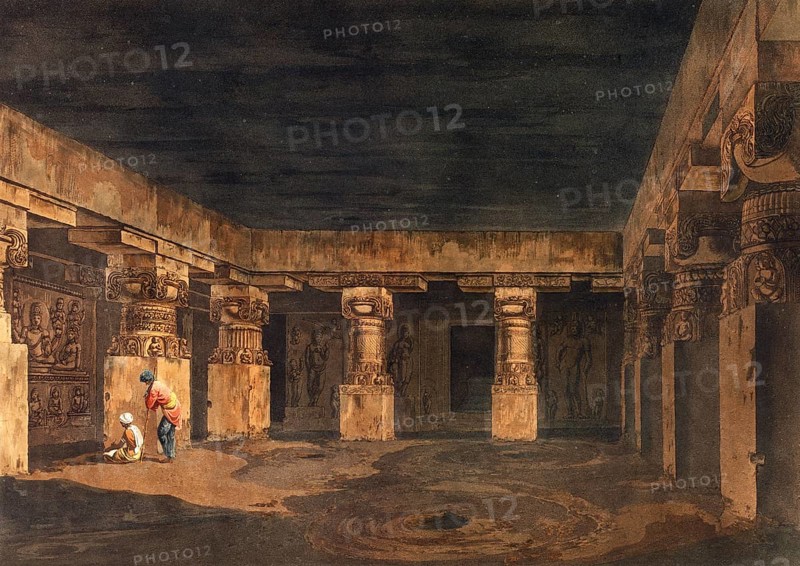Temple of the proud demon Ravana, Hindu Kailasa temple of Ellora in the state of Maharashtra is the largest rock-cut temple in India carved entirely out of a natural rock outcrop, ca 1880, digitally enhanced reproduction of a 19th century model