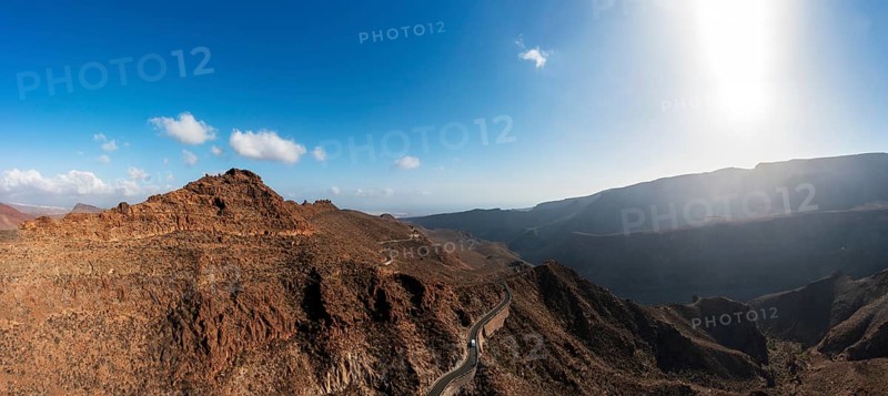 Mountain road at the Degollade de las Yeguas viewpoint with a view of the Barranco de Fataga, Gran Canaria, Canary Islands, Spain, Europe