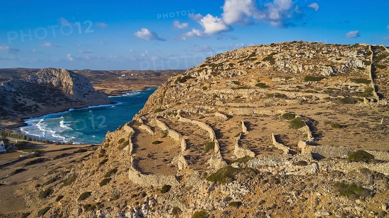 Drone shot, archaeological site, coastal landscape with ruins, sea view and blue sky, ruins of an acropolis, acropolis hill, Arkasa, west coast, Karpathos, Dodecanese, Greek Islands, Greece, Europe