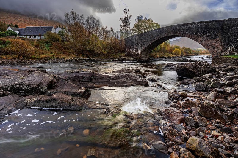 Wild river, rapids, stone bridge, old, houses, autumn, clouds, Bridge of Orchy, Scottish Highlands, Scotland, Great Britain