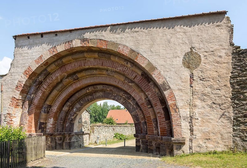 Romanesque portal as historical entrance to Altzella Monastery, Nossen, Saxony, Germany, Europe