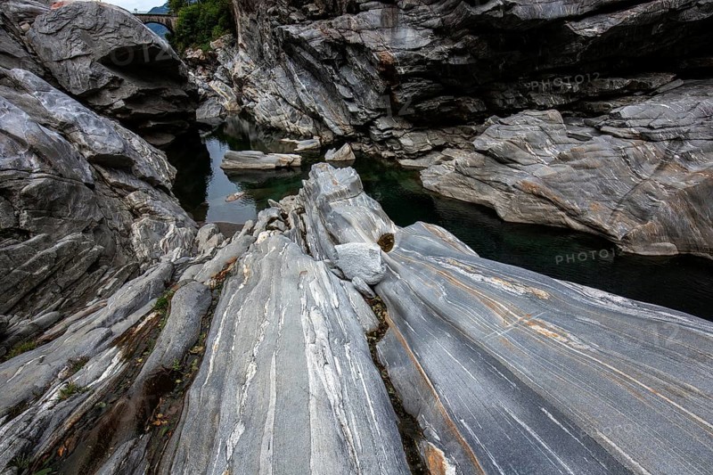 Rocks, granite rock formations in the Maggia River near Ponte Brolla, in the Maggia Valley, Valle Maggia, Canton Ticino, Switzerland, Europe