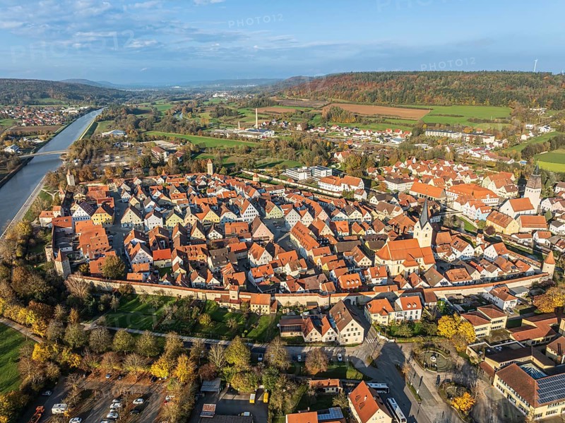 Historic center of village Berching, half-timbered houses, town wall, aerial view, Berching, Bavaria, Germany, Europe