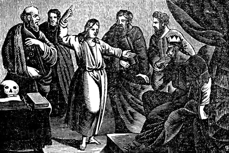 Joseph explaining his dreams to Pharaoh, group of men, skull, throne room, Egypt, Genesis, woodcut, Christoph Schmid's Biblical History 1831, Africa