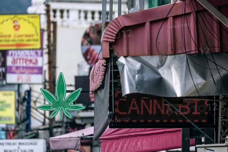 Legalisation of narcotics in Thailand. Cannabis is offered for sale in many places. Bangla Walking Street in the evening. Nightlife in Patong, Kathu, Phuket Island, Thailand, Asia