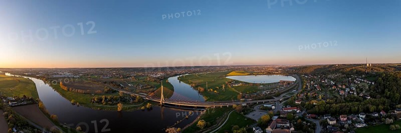 Large panorama of the Elbe valley near Niederwartha with Coswig, Elbe bridge between Radebeul- Naundorf and Dresden- Niederwartha, Radebeul, reservoir and buildings of the former pumped storage plant Niederwartha, in the background Dresden, aerial view, Saxony, Germany, Europe