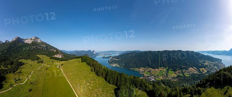 Drone image, Eisenaualm with Schafberg Mondsee and Attersee, Osterhorn group, Salzkammergut, Salzburg province, Austria, Europe