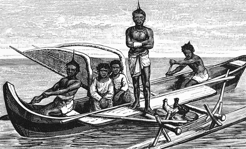Dugout canoe with boom, building material is a hollowed-out trunk of the breadfruit tree, native men rowing, transport of chickens, climate change, threat from rising sea levels, tropics, Republic of the Mashall Islands in the western Pacific, archipelago in Micronesia, travelling, historical illustration 1888