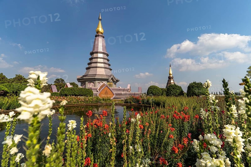 Chedis of the royal pagodas Phra Maha Dathu Nabha Metaneedol and Nabhapol Bhumisiri in Doi Inthanon National Park near Chom Thong, Chiang Mai, Thailand, Asia