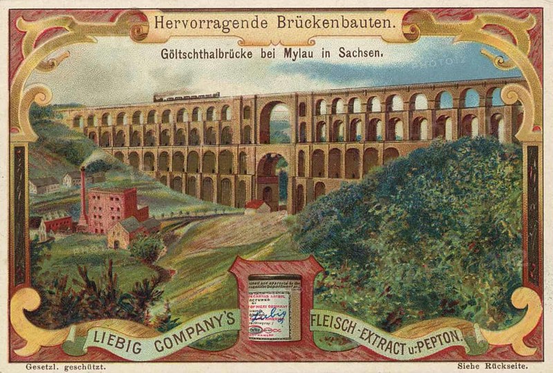 Picture series Outstanding bridge constructions, Göltschtal bridge near Mylau in Saxony, Germany, Liebig picture, digitally restored reproduction of a collection picture from about 1900, public domain, exact date unknown, depiction of the Göltzschtal bridge in Saxony with railway and lush landscape, Europe