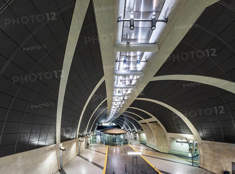 Modern architecture of the Heumarkt light rail station. Kölner Verkehrs-Betriebe AG (KVB) is a transport company that operates public transport in the city of Cologne, North Rhine-Westphalia, Germany, Europe