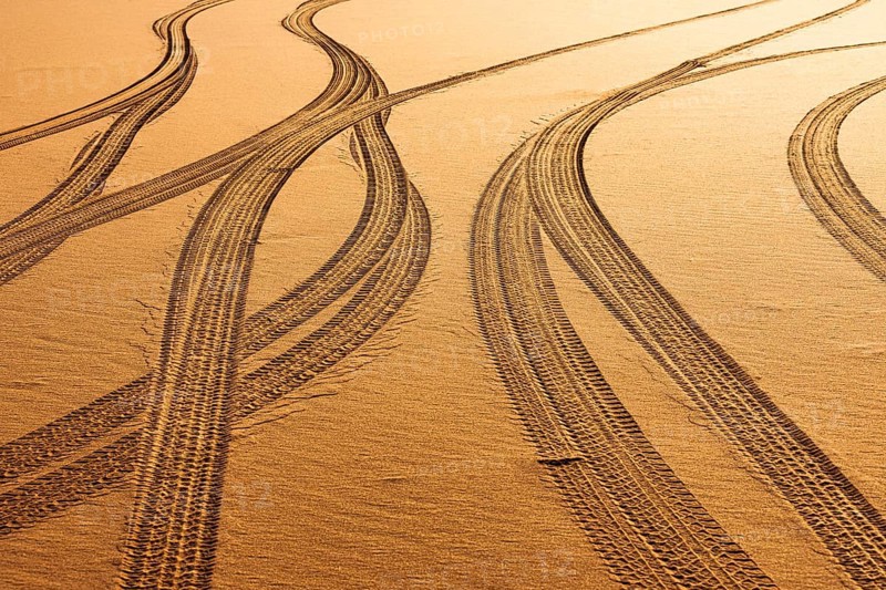 Tyre tracks in the sand in the Rub al Khali desert, Dhofar province, Arabian Peninsula, Sultanate of Oman