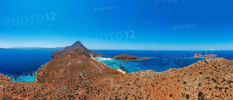 Drone shot, Gramvousa peninsula with view to the beach and bay of Balos, Kolimbari, West Crete, Crete, Greece, Europe