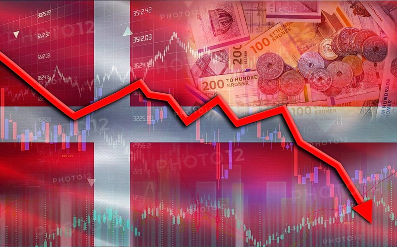 Denmark financial fall on economy market. Denmark financial crisis on economic graph