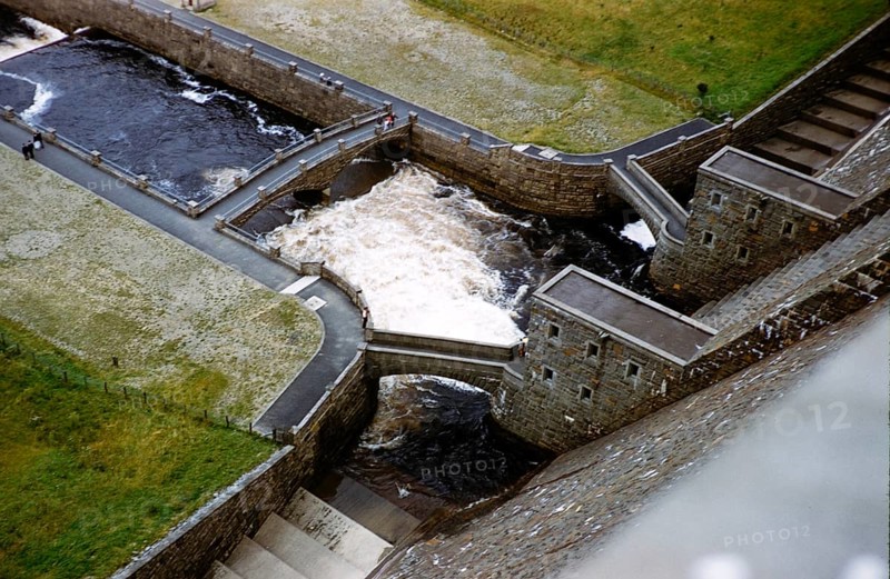Water outflow from the sluice gates of Claerwen Reservoir, Elan Valley, Powys, Wales, United Kingdom, late 1950s, Europe