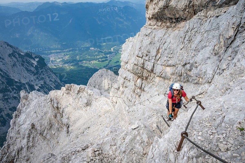 Climber on the Alpspitz via ferrata, via ferrata in the Wetterstein mountains, Bavaria, Germany, Europe