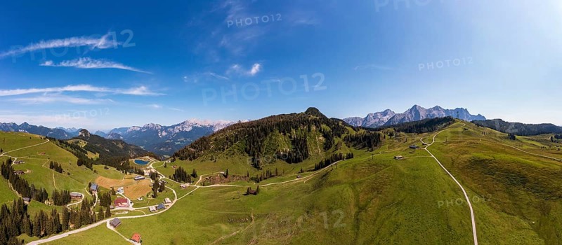 Drone shot, Hochalm, Loferer Alm with view to the Reiteralpe and Loferer Steinberge, Lofer, Pinzgau, Land Salzburg, Austria, Europe