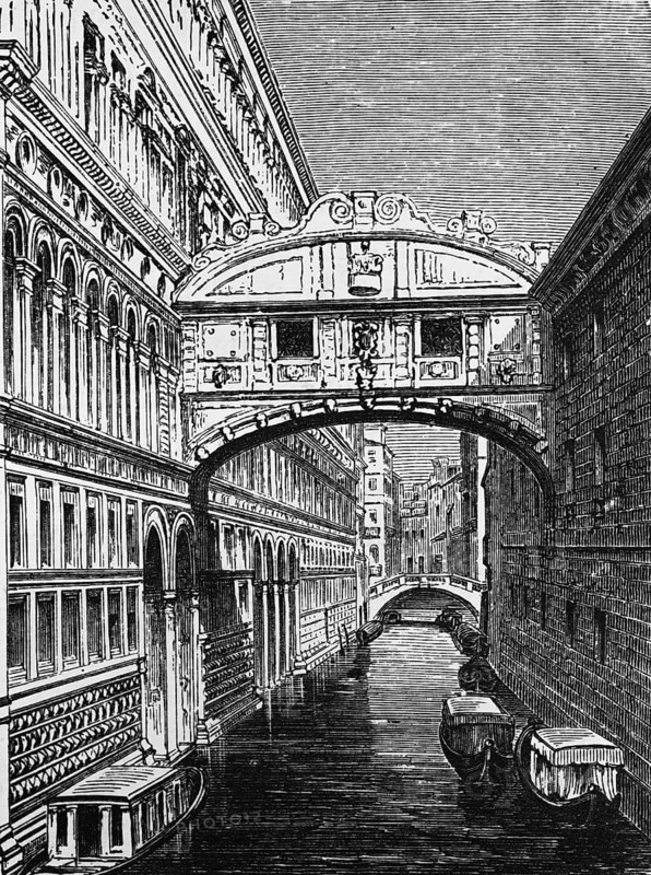 Ponte dei Sospiri, Bridge of Sighs, arched bridge over the Rio di Palazzo, leading from the Palazzo Ducale, the Doge's Palace to the prison, ornamentation, architecture, boats, geography, Veneto, Italy, historical illustration 1888, Europe