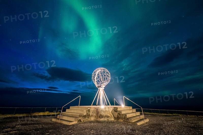 Northern Lights at the North Cape with steel globe, Nordkapp, Finnmark, Norway, Europe