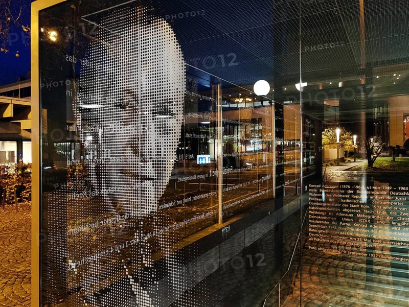 Portrait of Konrad Adenauer on the glass pane at the underground exit Heussallee and Museumsmeile, Bonn, North Rhine-Westphalia, Germany, Europe