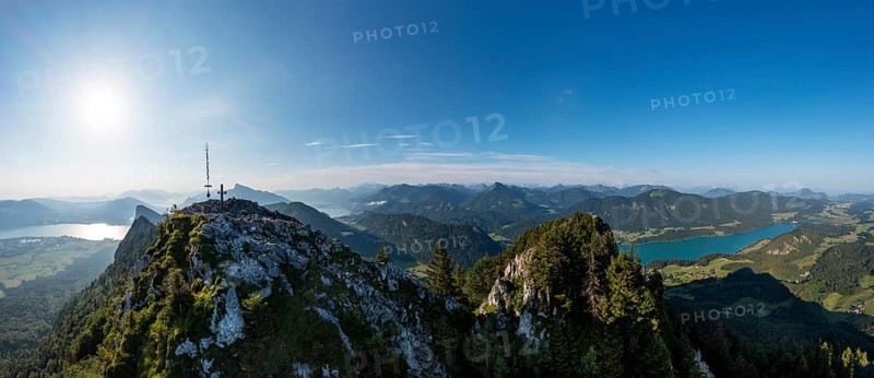 Drone shot, summit cross on the Schober with a view of Mondsee and Fuschlsee, Osterhorn group, Salzkammergut, Salzburg province, Austria, Europe