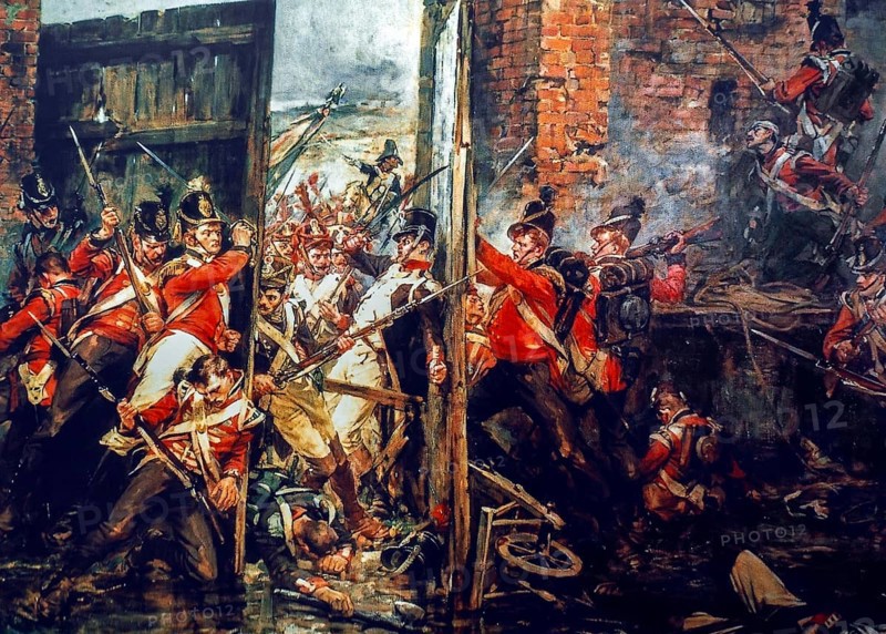 Closing the Gates of Hougoumont, 1903 painting about the 1815 Battle of Waterloo by the Scottish painter Robert Gibb