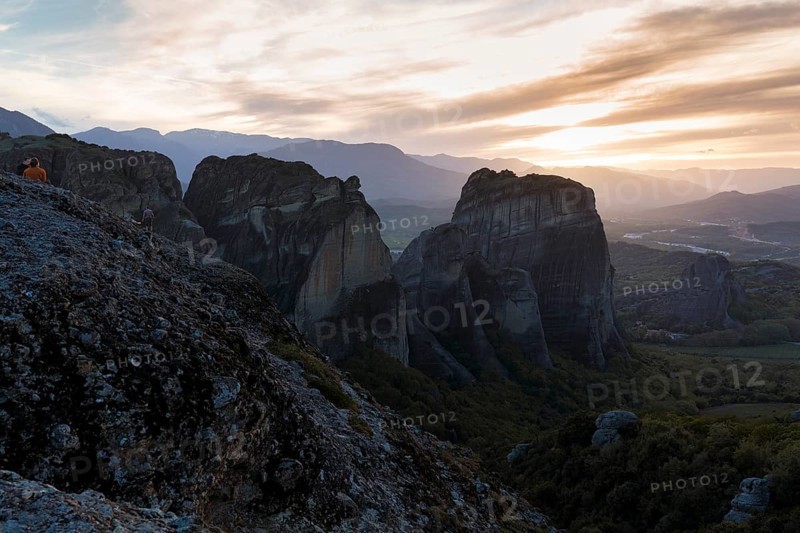 Sandstone formations at dusk, backlight, Meteora, Thessaly, Greece, Europe