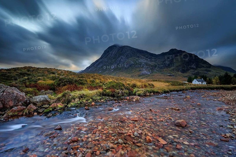 Wild river, cloudy mood, hut, cottage, long exposure, autumn, mountains, Lagangarbh Cottage, Buachaille Etive Mòr, Glencoe, Scottish Highlands, Scotland, Great Britain