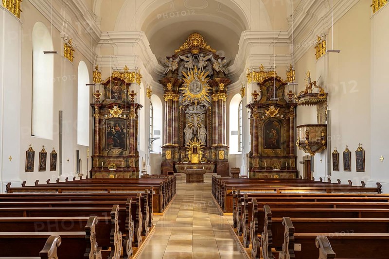 Interior of the Catholic parish church of St Dionysius in Neckarsulm, Baden-Württemberg, Germany, Europe