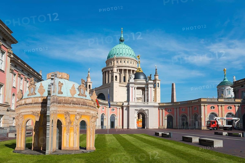 Architectural ensemble with dome in the centre of a well-tended garden, pavilion, Fortuna portal, city palace and state parliament, St. Nicholas Church in the background, Potsdam, Brandenburg, Germany, Europe