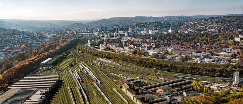 Track apron at the main railway station, Europaviertel Stuttgart. After completion of the Stuttgart 21 project, flats and the new Rosenstein neighbourhood are to be built here. Urban development. Aerial view, panoramic photo. Stuttgart, Baden-Württemberg, Germany, Europe