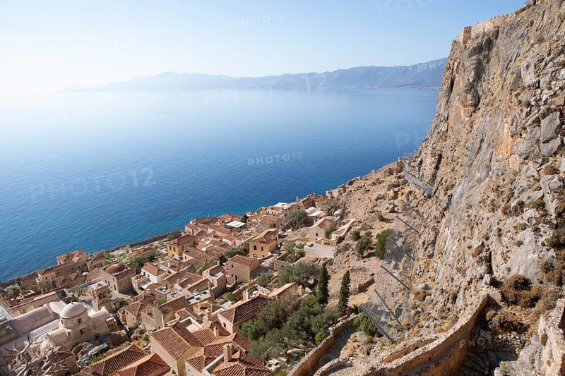 Byzantine castle town of Monemvasia, Monemvassia, Monemwassia, Monembasia, in the Myrtoan Sea, Laconia, Peloponnese, Greece, Europe