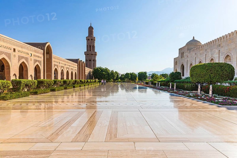 Inner courtyard with minaret, covered with marble slabs, Sultan Qaboos Mosque, Muscat, Arabian Peninsula, Sultanate of Oman
