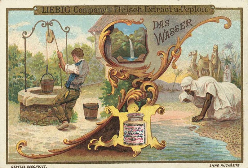 Picture series Drinks of the World, The Water, Liebig picture, digitally restored reproduction of a collective picture from ca 1900, public domain, exact date unknown, scene of a man drawing water from a well and another man drinking from a river