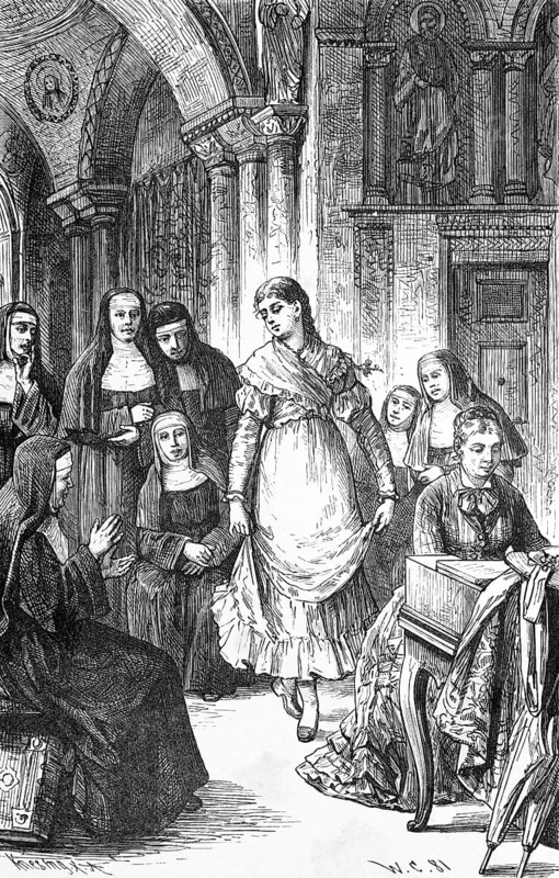 Nuns in traditional traditional costume watching a dance inside a convent, young woman showing dance steps, musical accompaniment on the pianoforte, historical illustration 1882