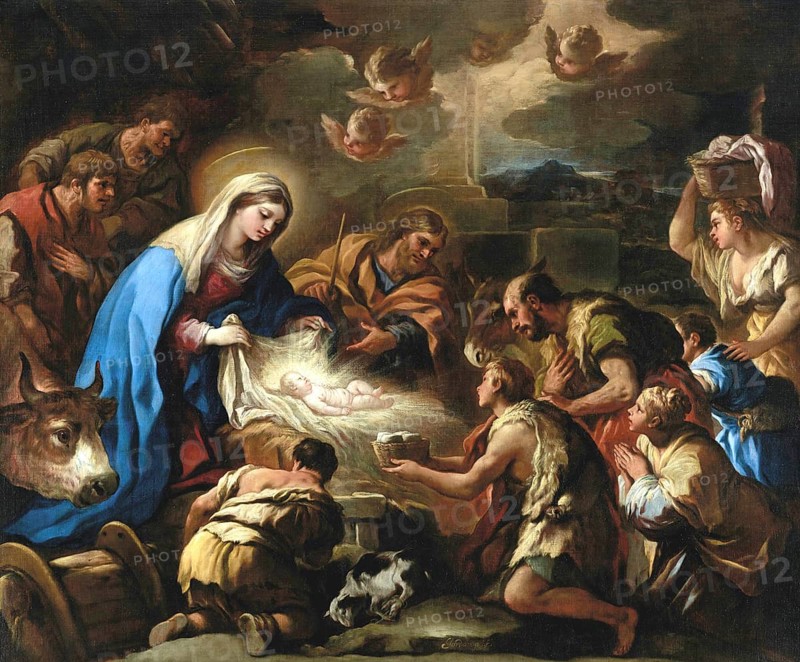 The Adoration of the Shepherds, painting by Luca Giordano (Italian, 1634-1705), historically, digitally restored reproduction of a 17th-century original, exact date unknown, The Adoration of the Shepherds, painting made by Luca Giordano (Italian, Historically, digitally restored reproduction of a 17th-century original, exact date unknown