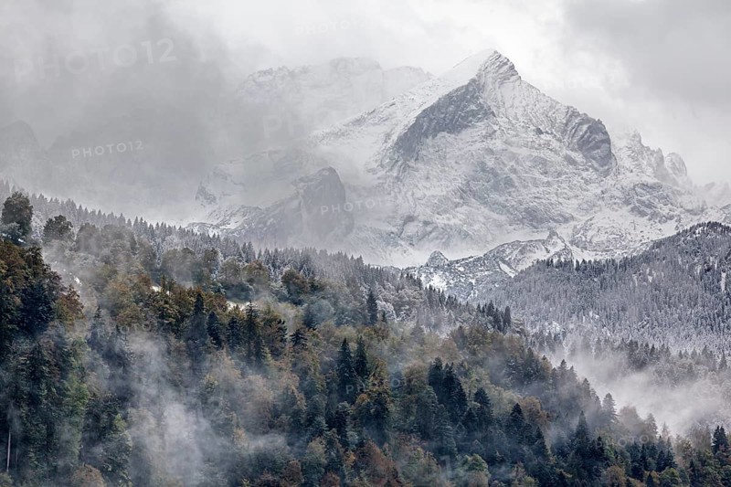 Winter onset, snowfall, snowfall, forest, mountain top, mountains, Garmisch-Partenkirchen, Alpspitze, Bavaria, Germany, Europe
