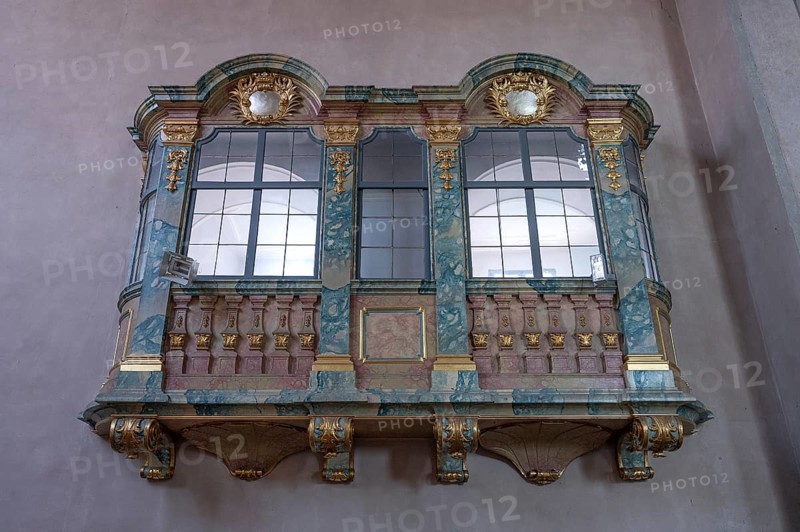 Patronage lodge in the Protestant Church of St. Mary, baroqueised in the 18th century, Hersbruck, Middle Franconia, Bavaria, Germany, Europe