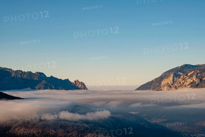 High fog cover over the valley, above Lattengebirge and Untersberg, Berchtesgaden Alps, Bischofswiesen, Berchtesgadener Land, Upper Bavaria, Bavaria, Germany, Europe