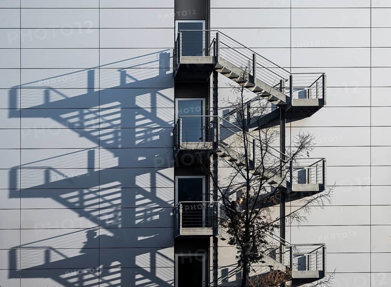 External staircases with shadows cast by a modern office building, Erlangen, Middle Franconia, Bavaria, Germany, Europe