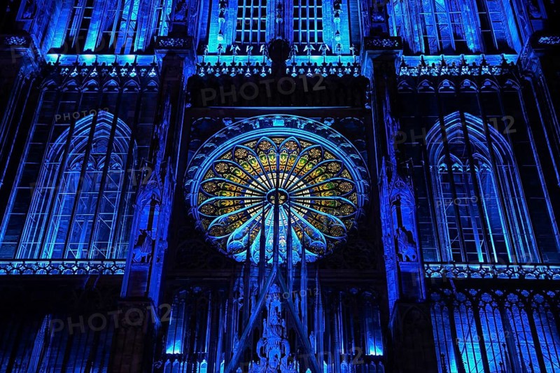 Illumination of the Cathédrale Notre Dame de Strasbourg, Strasbourg Cathedral, detail, Unesco World Heritage Site, Strasbourg, Département Bas-Rhin, Alsace, France, Europe