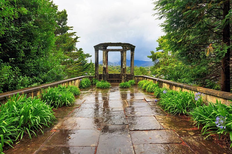 Greek temple, Ilnacullin, Garinish Island, gardens, rain clouds, rainy weather, Glengarriff, Bay of Bantry, Ring of Beara coastal road, County Cork, Wild Atlantic Way, Ireland, Europe