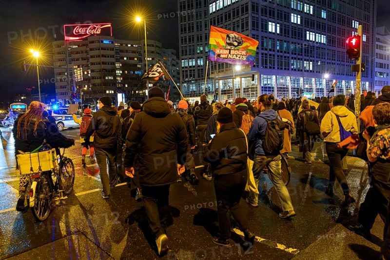 Anti-fascist protests in front of the Axel Springer skyscraper against the World Economic Summit, a political lobby meeting with guests such as Elon Musk, Alice Weidel and Friedrich Merz, Berlin, 27 January 2025