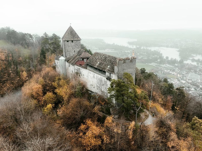 Aerial view of Hohenklingen Castle above Stein am Rhein on a foggy autumn day, Canton Schaffhausen, Switzerland, Europe