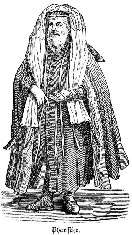 Pharisees in long clothes and a memorial label on their foreheads, high clergymen and dignitaries until the loss of the Second Temple, depicted in the New Testament as hypocrites, hence the name of the Frisian coffee rum drink of the same name, Bible, historical illustration, Biblisches Handwörterbuch 1862