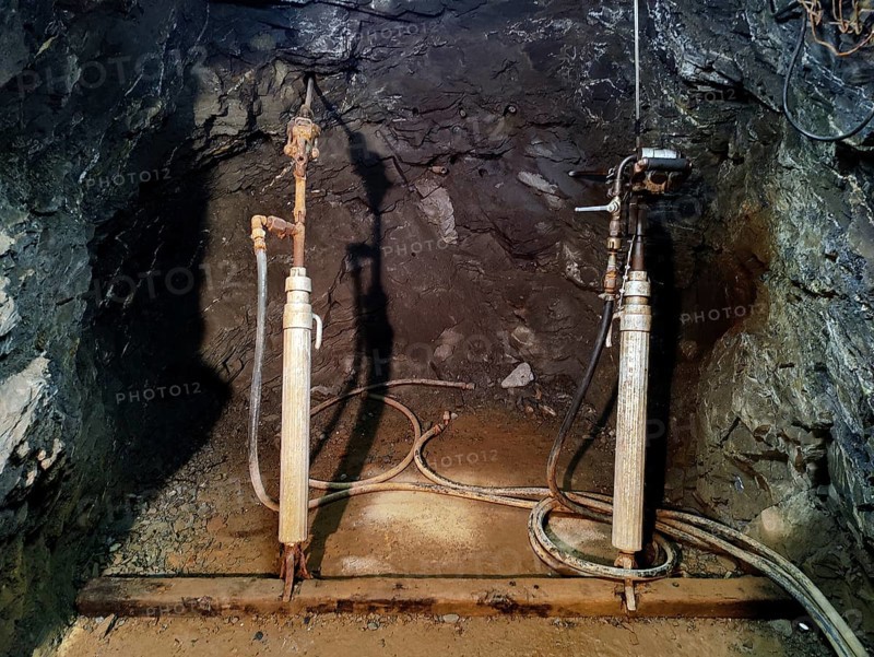 Mechanical drilling with a hammer drill in the Rammelsberg visitor mine, UNESCO World Heritage Site, Goslar, Lower Saxony, Germany, Europe