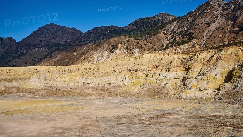 Barren volcanic crater landscape with mountains under a clear blue sky, volcanism, volcanic island, Caldera Stefanos, Nisyros, Dodecanese, Greek Islands, Greece, Europe