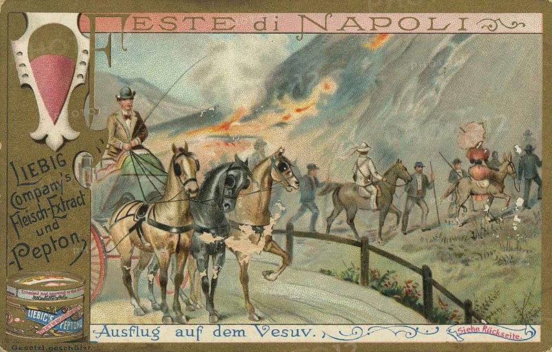 Picture series Feste di Napoli, excursion on Mount Vesuvius, Naples, Italy, Liebig picture, digitally restored reproduction of a collector's picture from ca 1900, public domain, exact date unknown, illustration of an excursion on Mount Vesuvius with horses and people in historical clothing, Europe