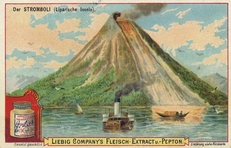 Picture series volcanic landscapes, the Stromboli on the Lipari Islands in Italy, Liebig picture, digitally restored reproduction of a collector's picture from about 1900, public domain, exact date unknown, Stromboli volcano with smoking summit and boats on the sea